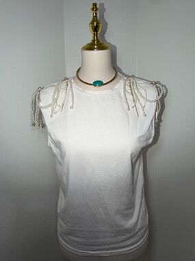 White Sleeveless Top with Pearl Embellished Shoulder Detail